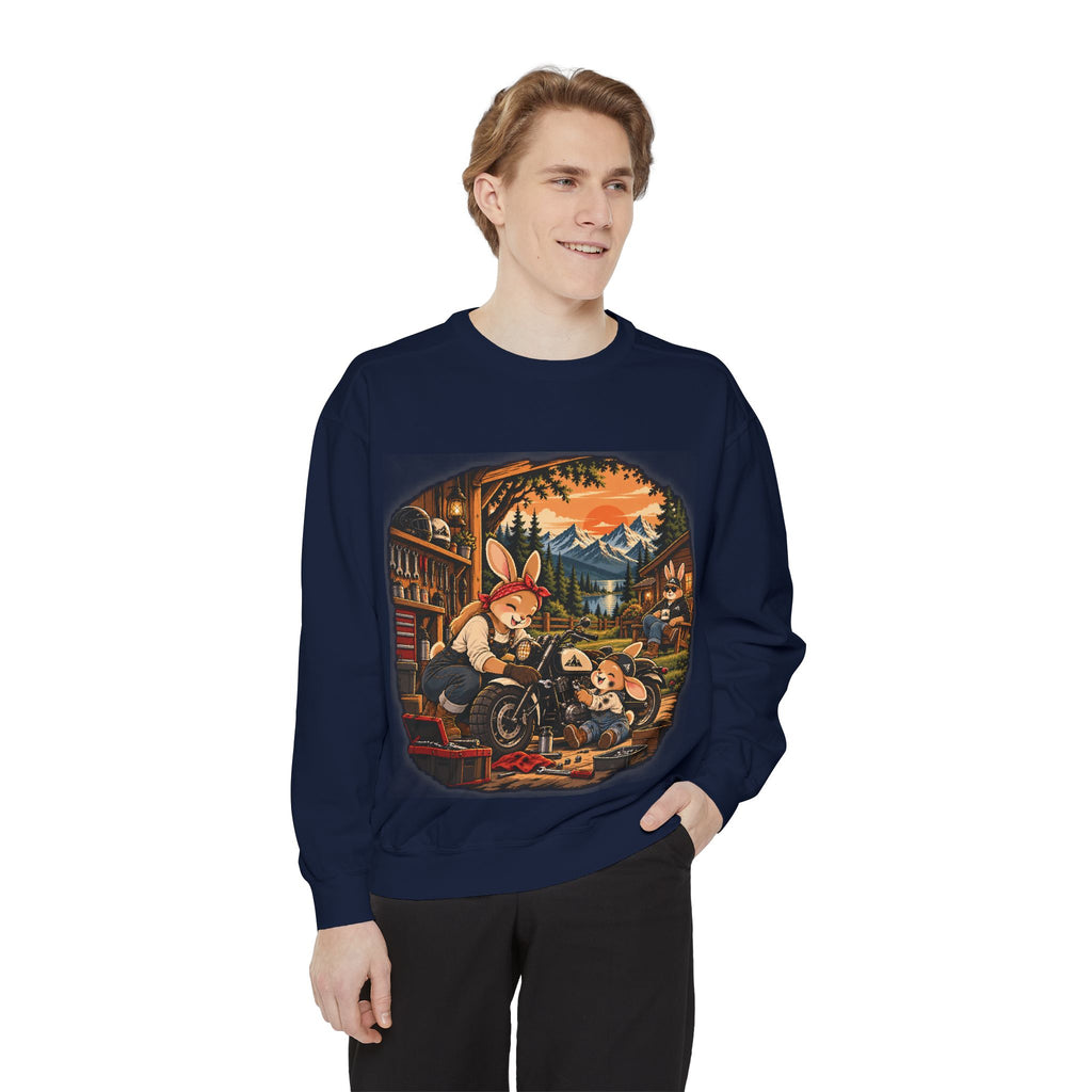 Vintage Bunny Mechanics Sweatshirt — Retro Woodland Motorcycle Crewneck