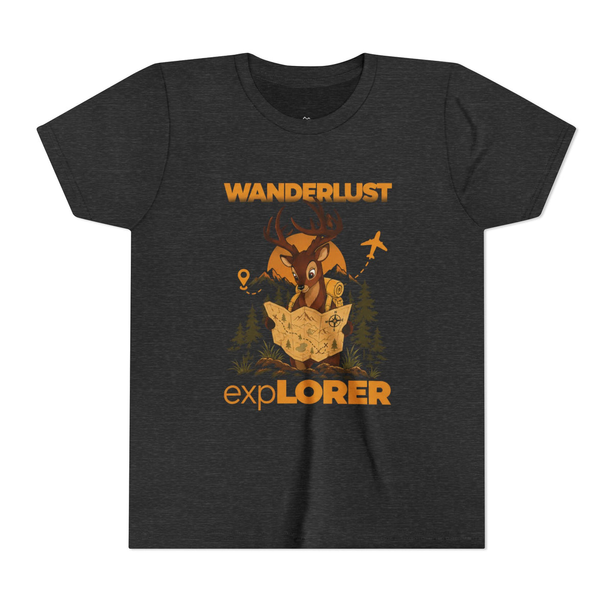 Wanderlust Explorer Youth Tee — Deer Map Adventure Kids T‑Shirt