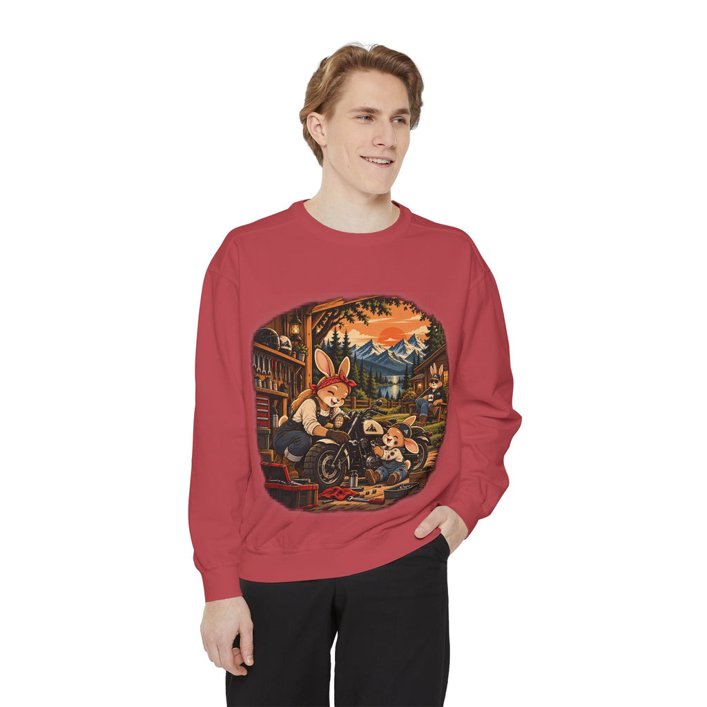 Vintage Bunny Mechanics Sweatshirt — Retro Woodland Motorcycle Crewneck