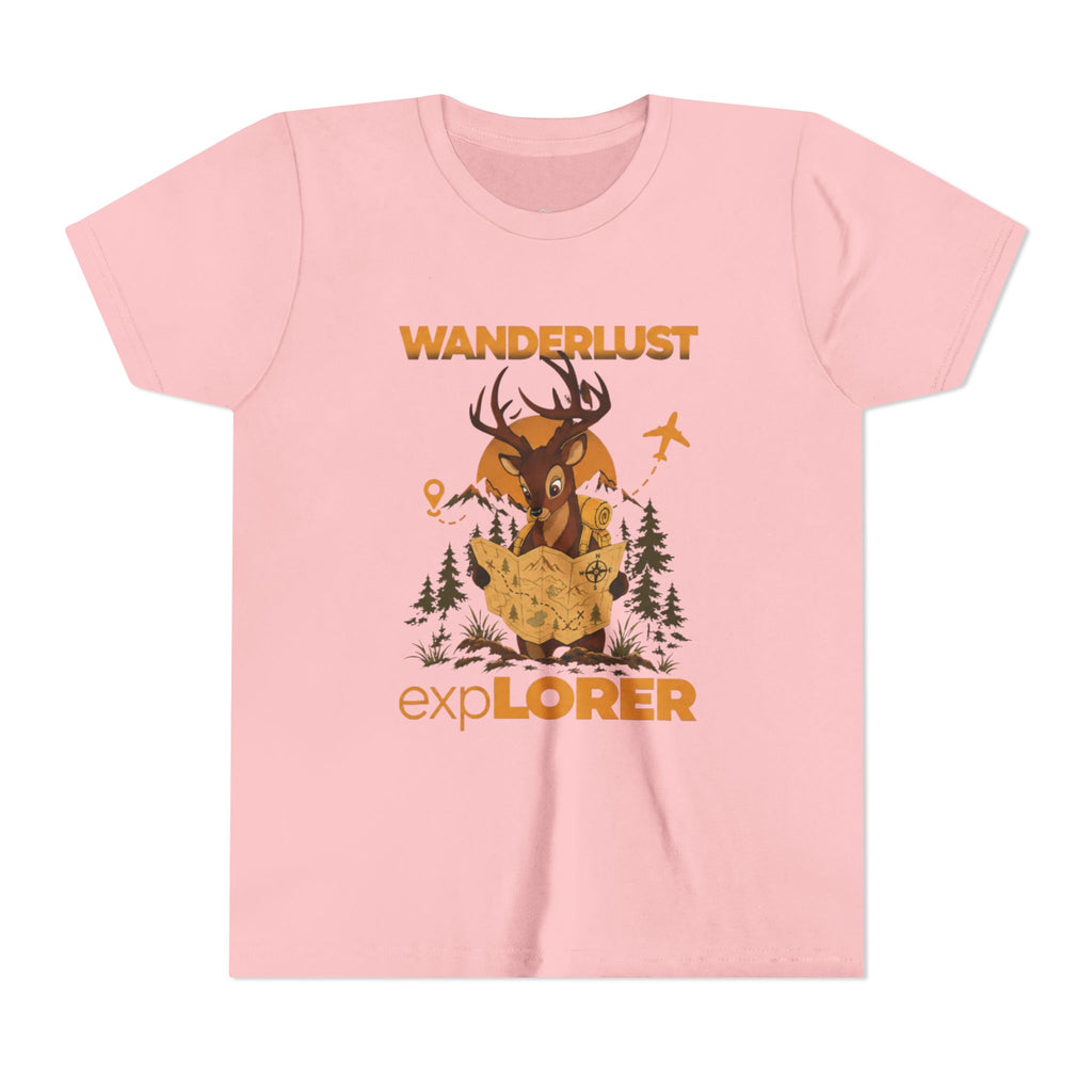 Wanderlust Explorer Youth Tee — Deer Map Adventure Kids T‑Shirt