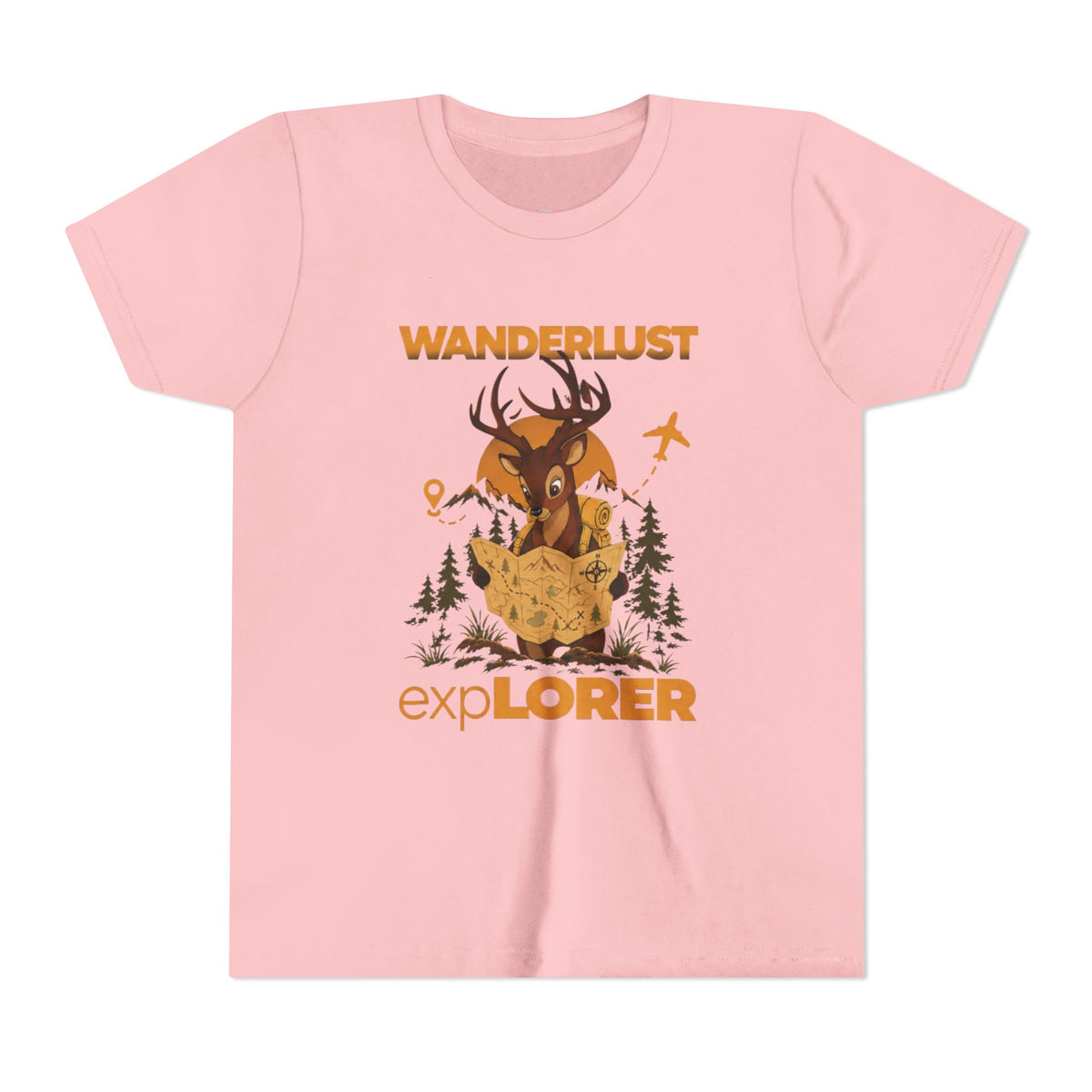 Wanderlust Explorer Youth Tee — Deer Map Adventure Kids T‑Shirt