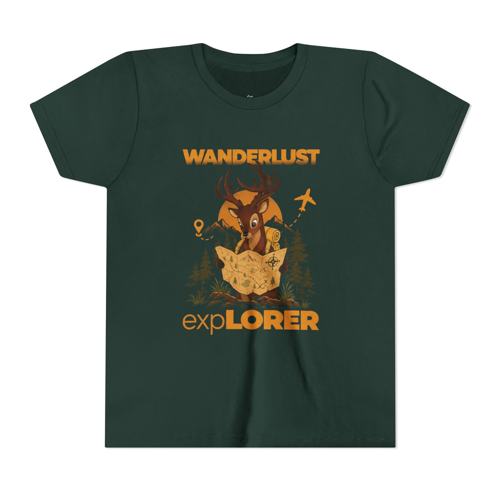 Wanderlust Explorer Youth Tee — Deer Map Adventure Kids T‑Shirt