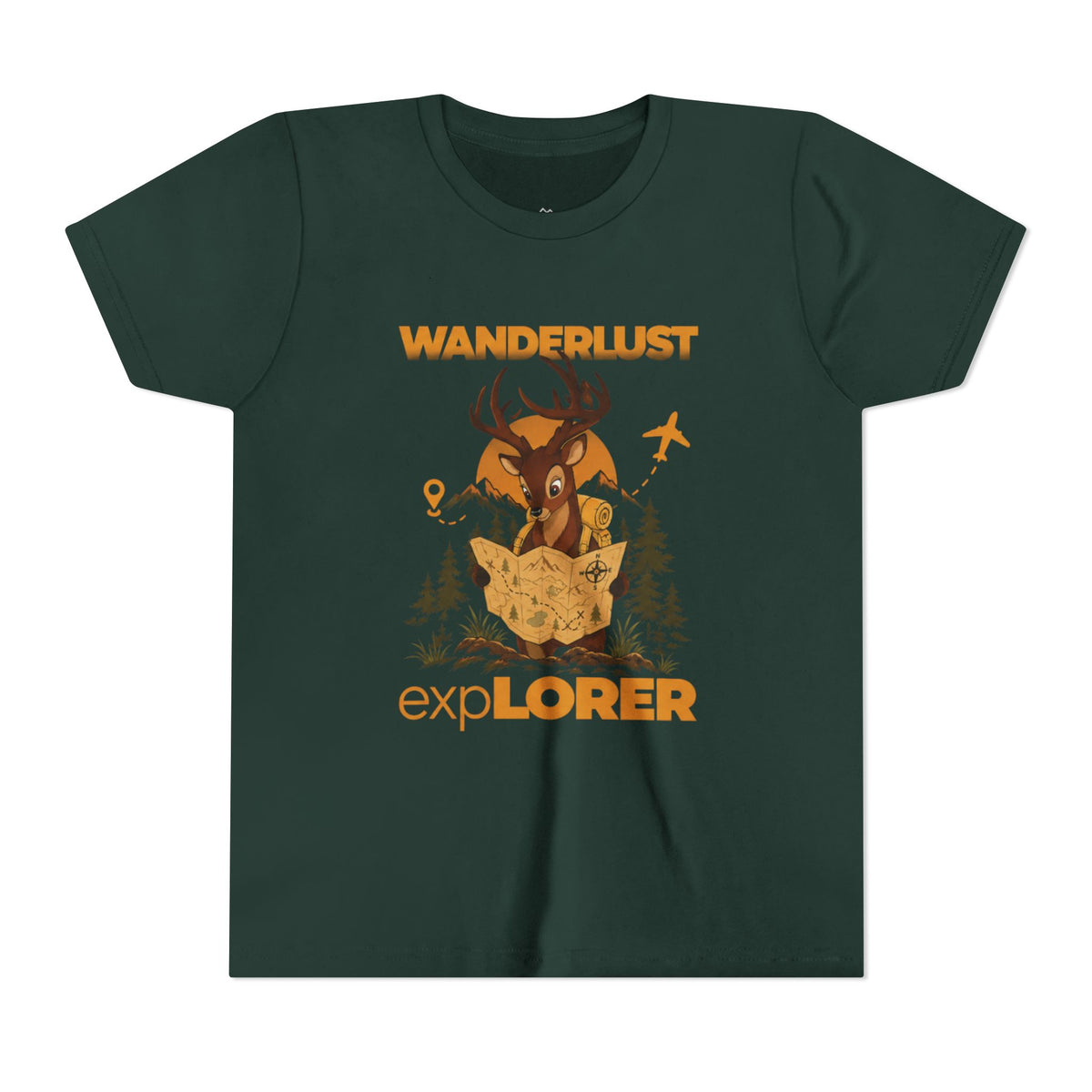 Wanderlust Explorer Youth Tee — Deer Map Adventure Kids T‑Shirt