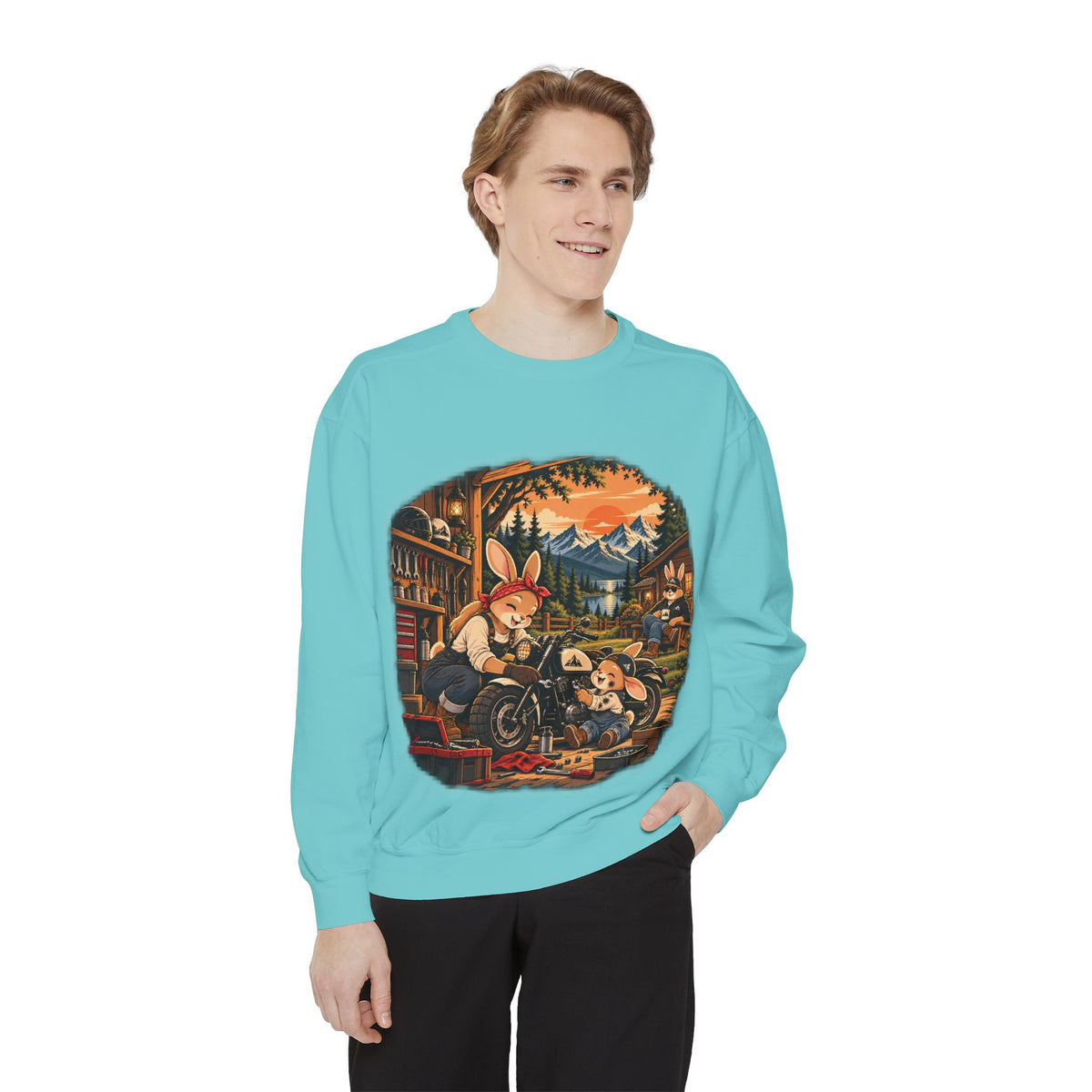 Vintage Bunny Mechanics Sweatshirt — Retro Woodland Motorcycle Crewneck