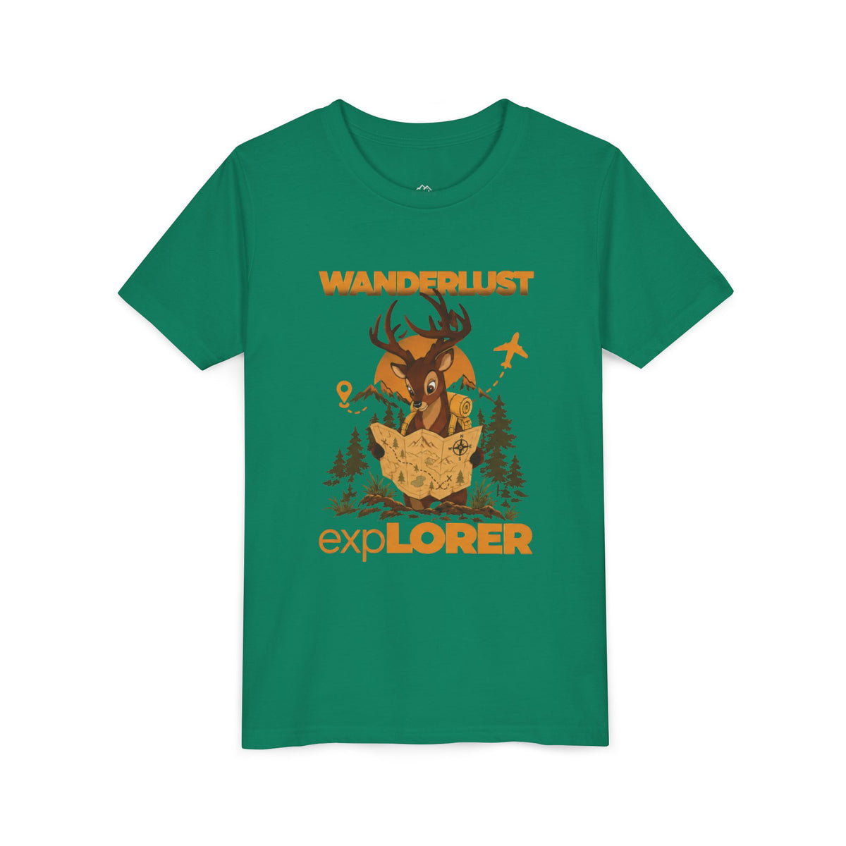 Wanderlust Explorer Youth Tee — Deer Map Adventure Kids T‑Shirt