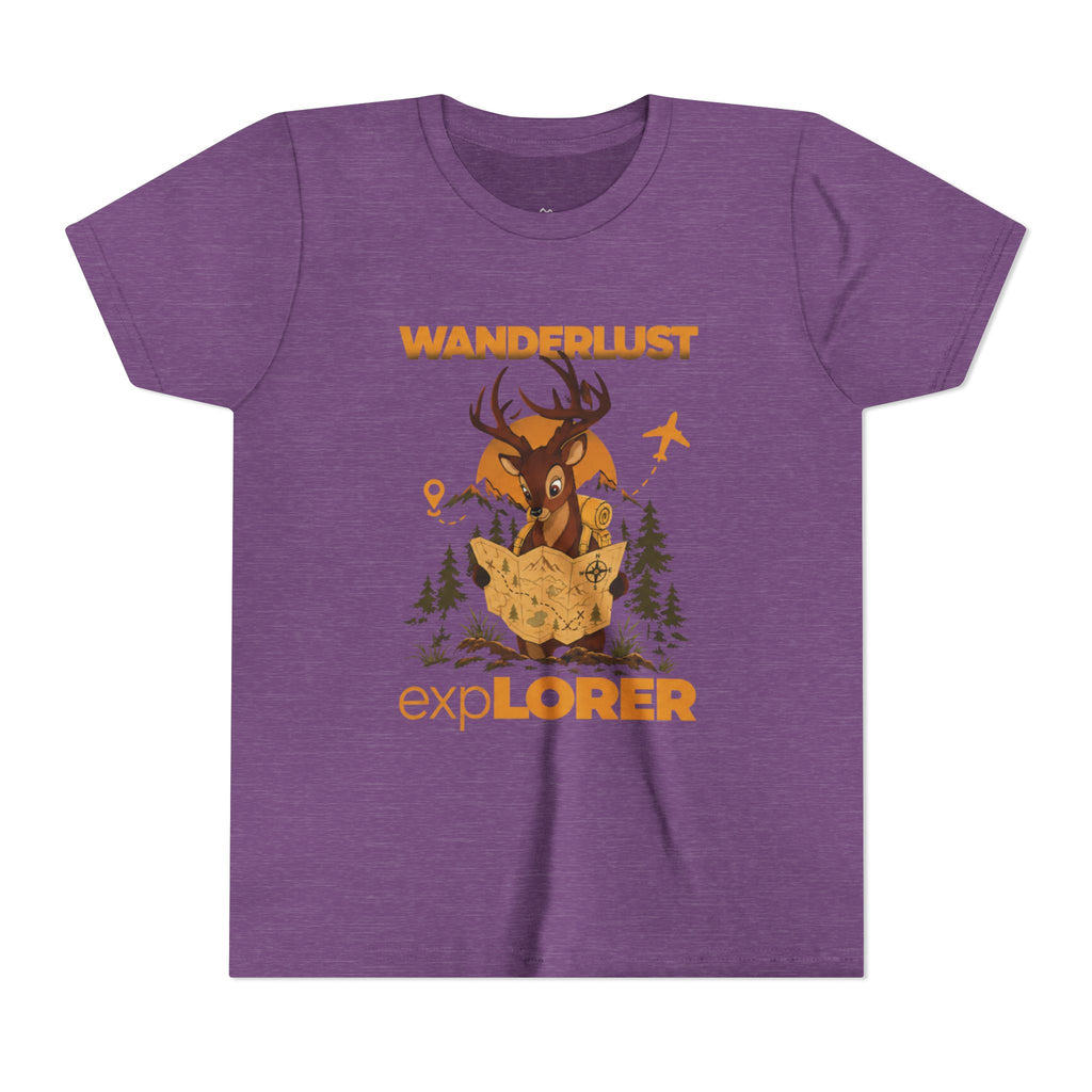 Wanderlust Explorer Youth Tee — Deer Map Adventure Kids T‑Shirt