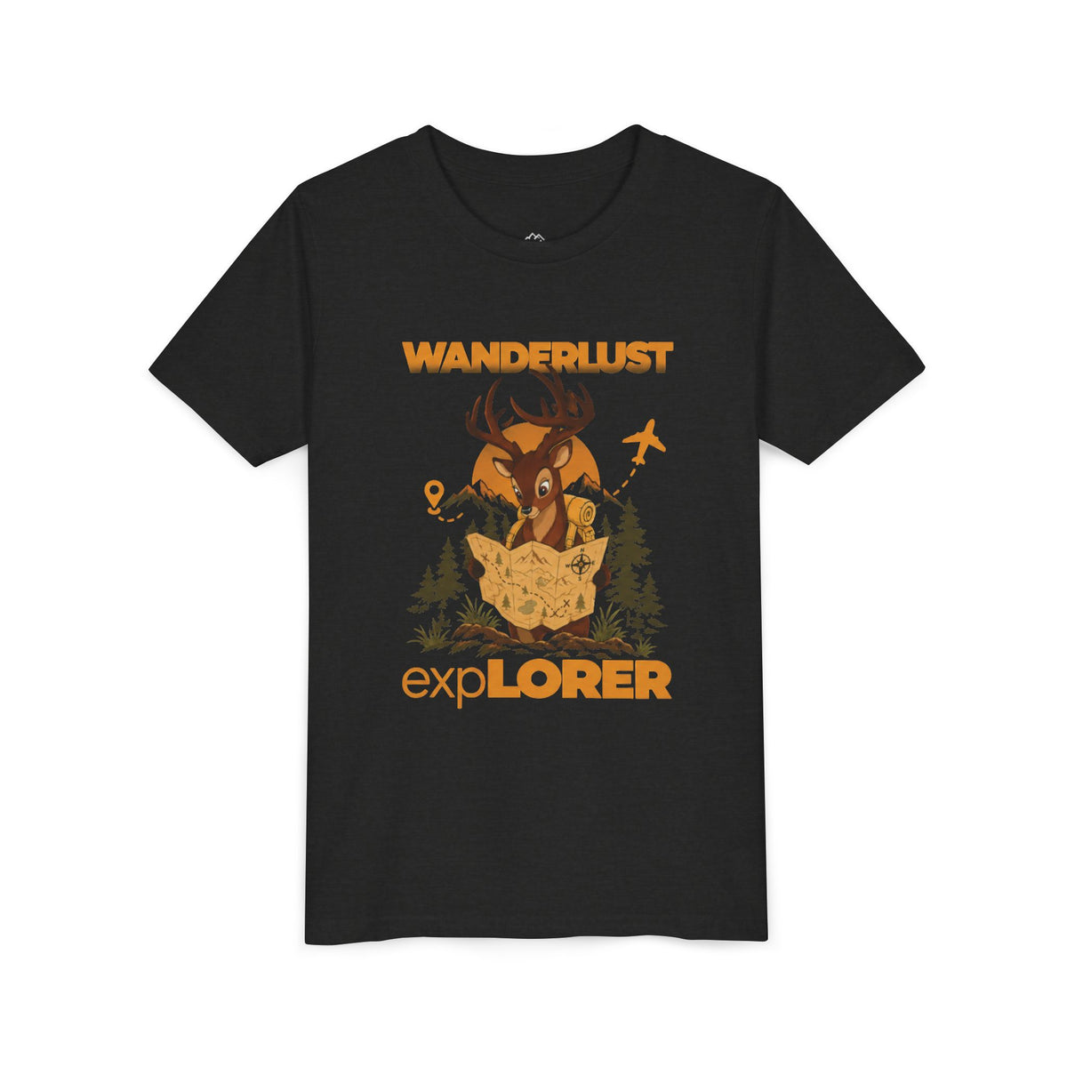 Wanderlust Explorer Youth Tee — Deer Map Adventure Kids T‑Shirt