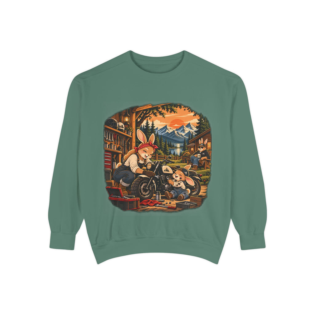 Vintage Bunny Mechanics Sweatshirt — Retro Woodland Motorcycle Crewneck