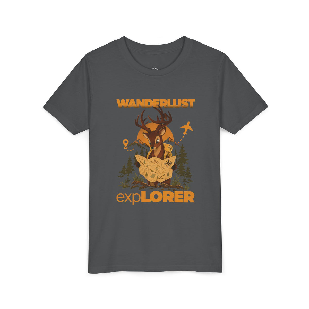 Wanderlust Explorer Youth Tee — Deer Map Adventure Kids T‑Shirt