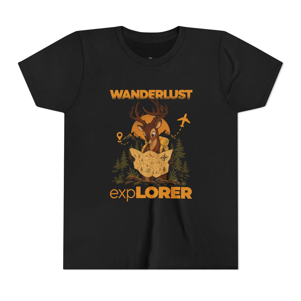 Wanderlust Explorer Youth Tee — Deer Map Adventure Kids T‑Shirt