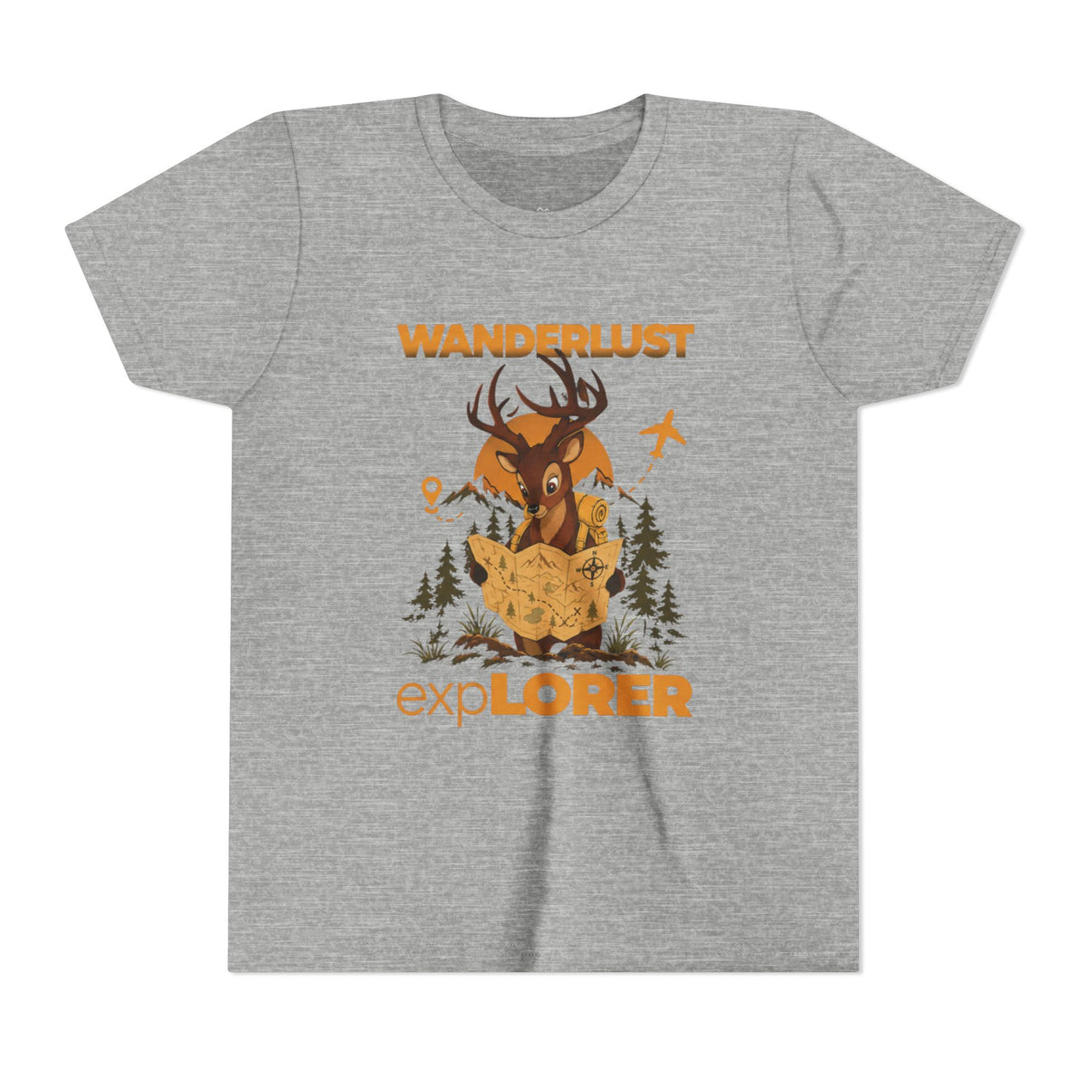 Wanderlust Explorer Youth Tee — Deer Map Adventure Kids T‑Shirt