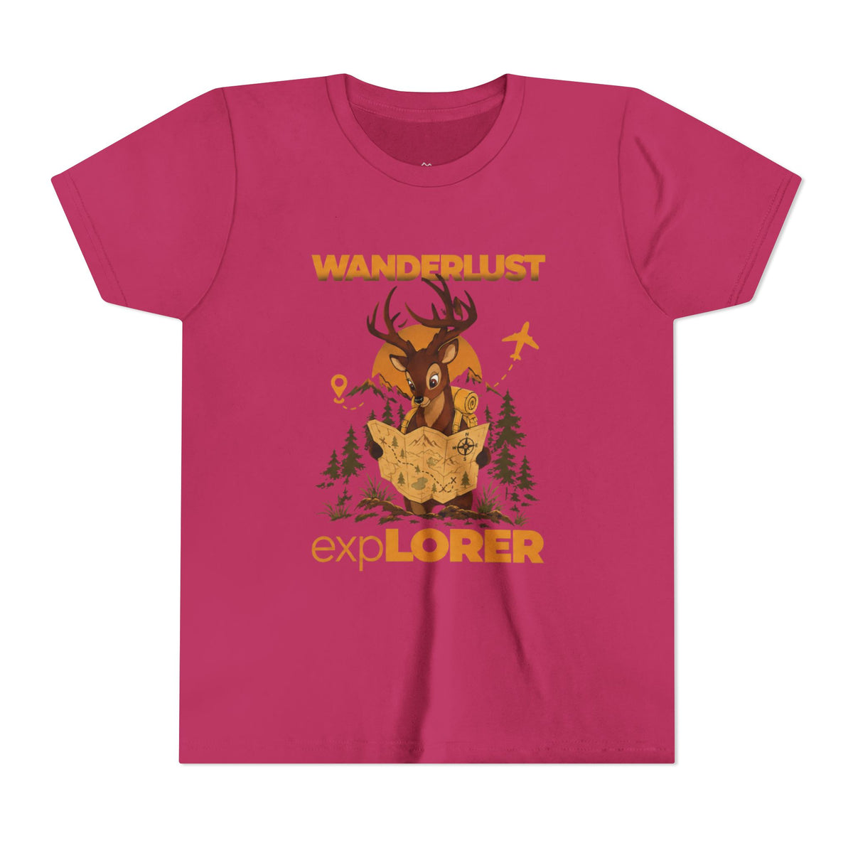 Wanderlust Explorer Youth Tee — Deer Map Adventure Kids T‑Shirt