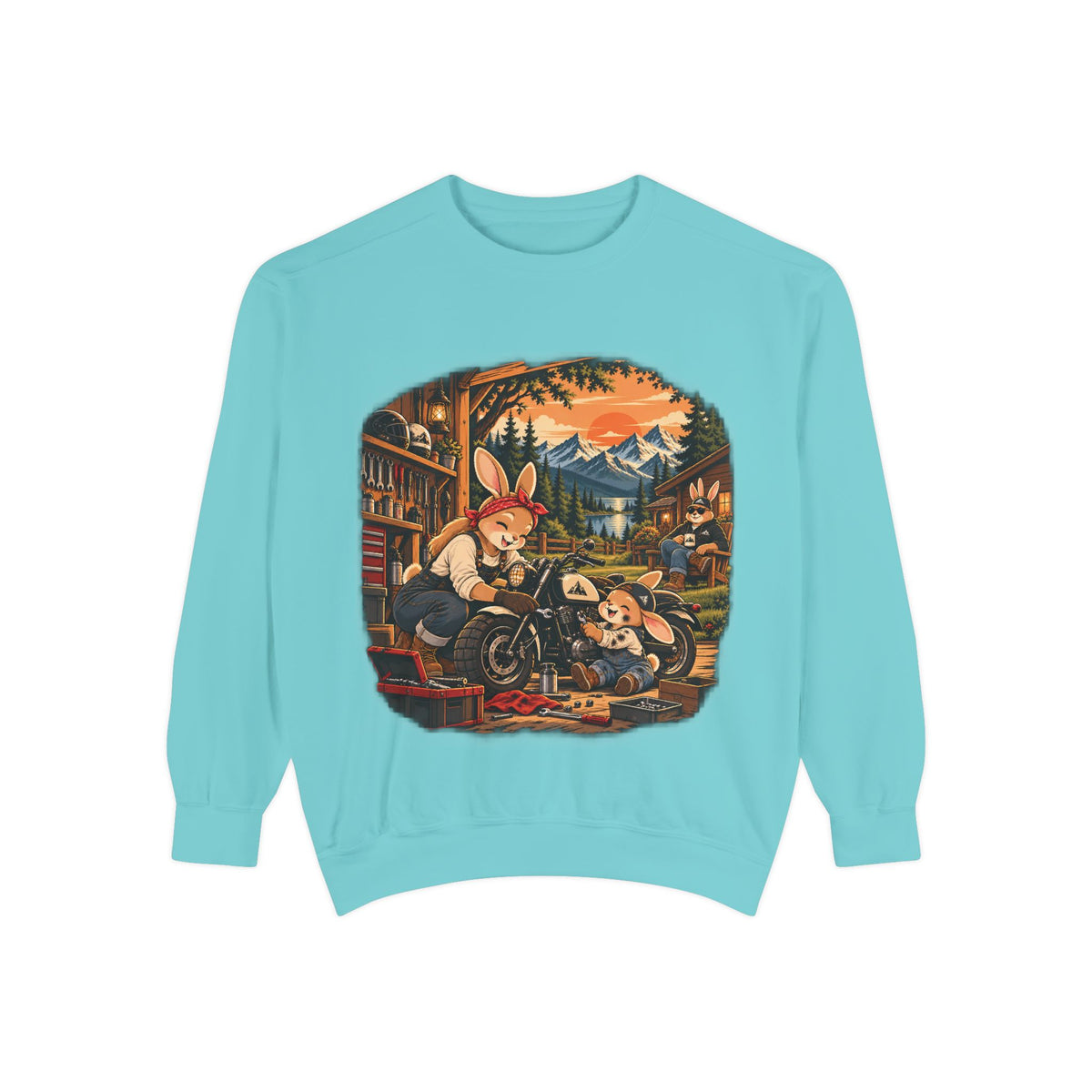 Vintage Bunny Mechanics Sweatshirt — Retro Woodland Motorcycle Crewneck