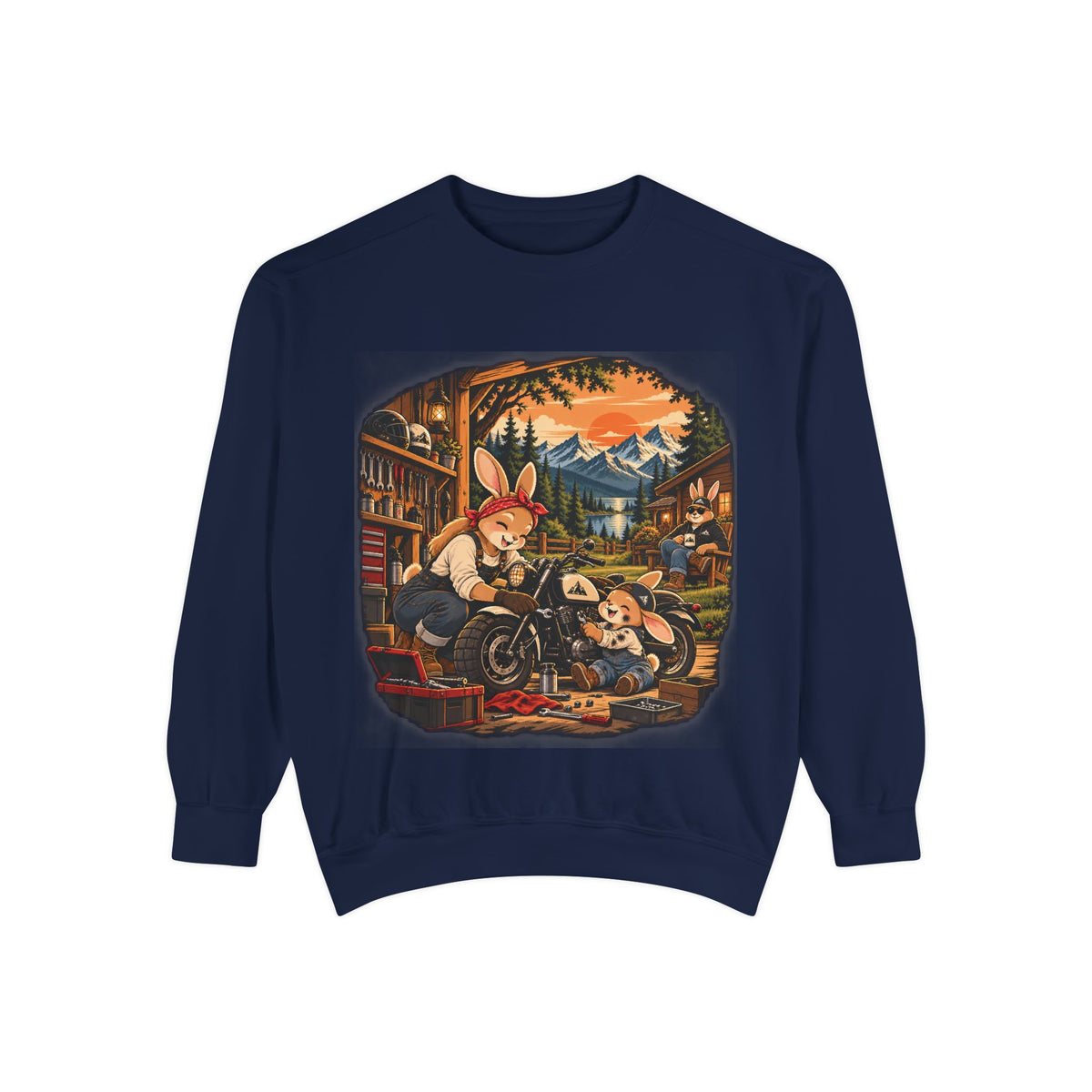 Vintage Bunny Mechanics Sweatshirt — Retro Woodland Motorcycle Crewneck