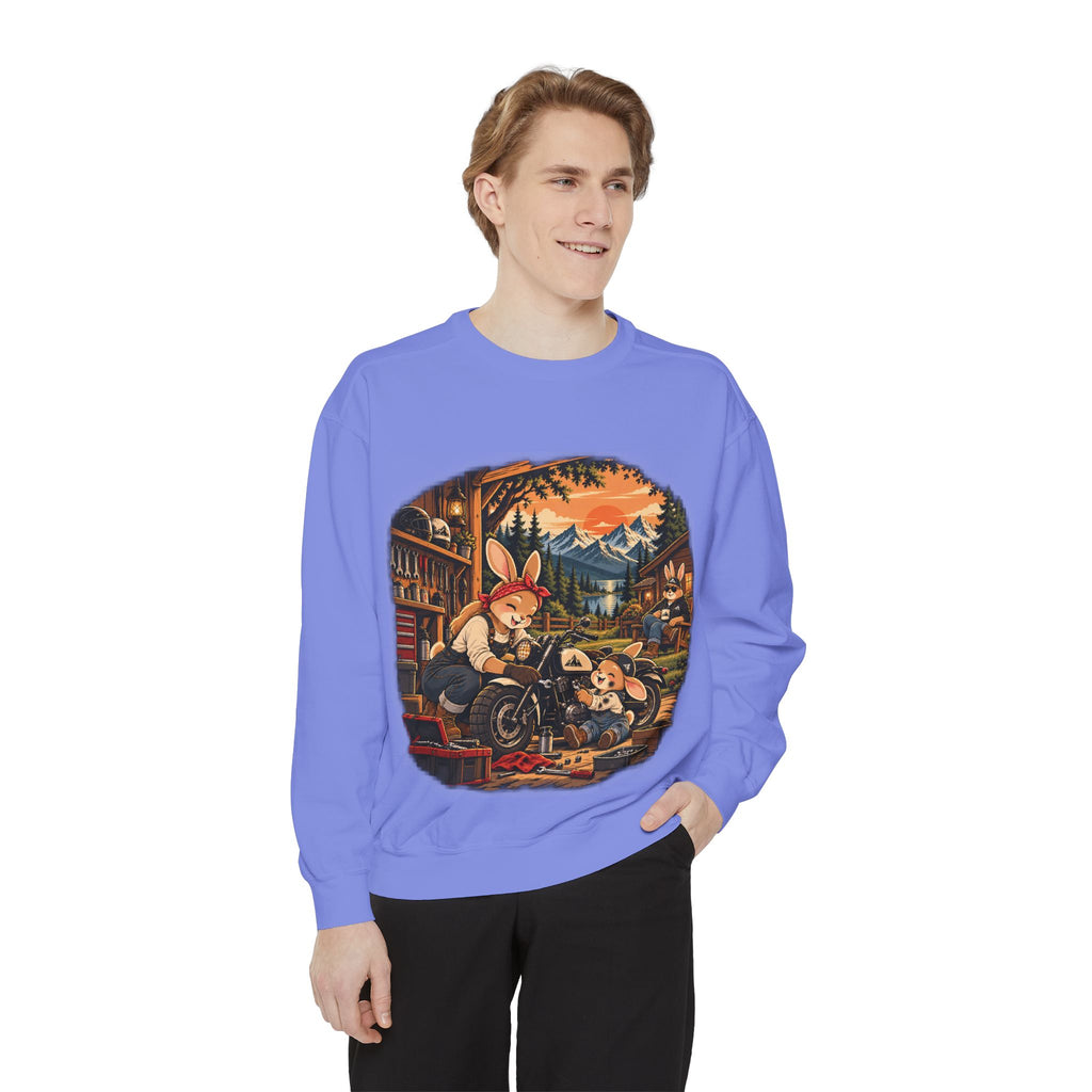 Vintage Bunny Mechanics Sweatshirt — Retro Woodland Motorcycle Crewneck