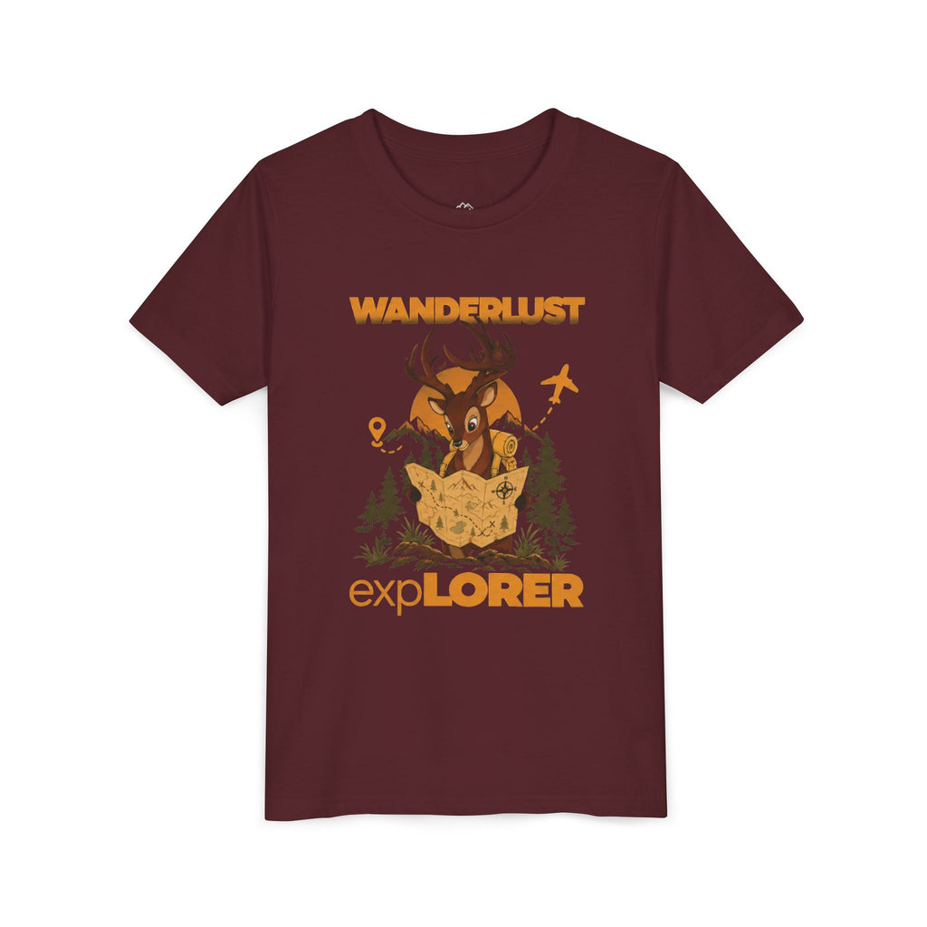 Wanderlust Explorer Youth Tee — Deer Map Adventure Kids T‑Shirt