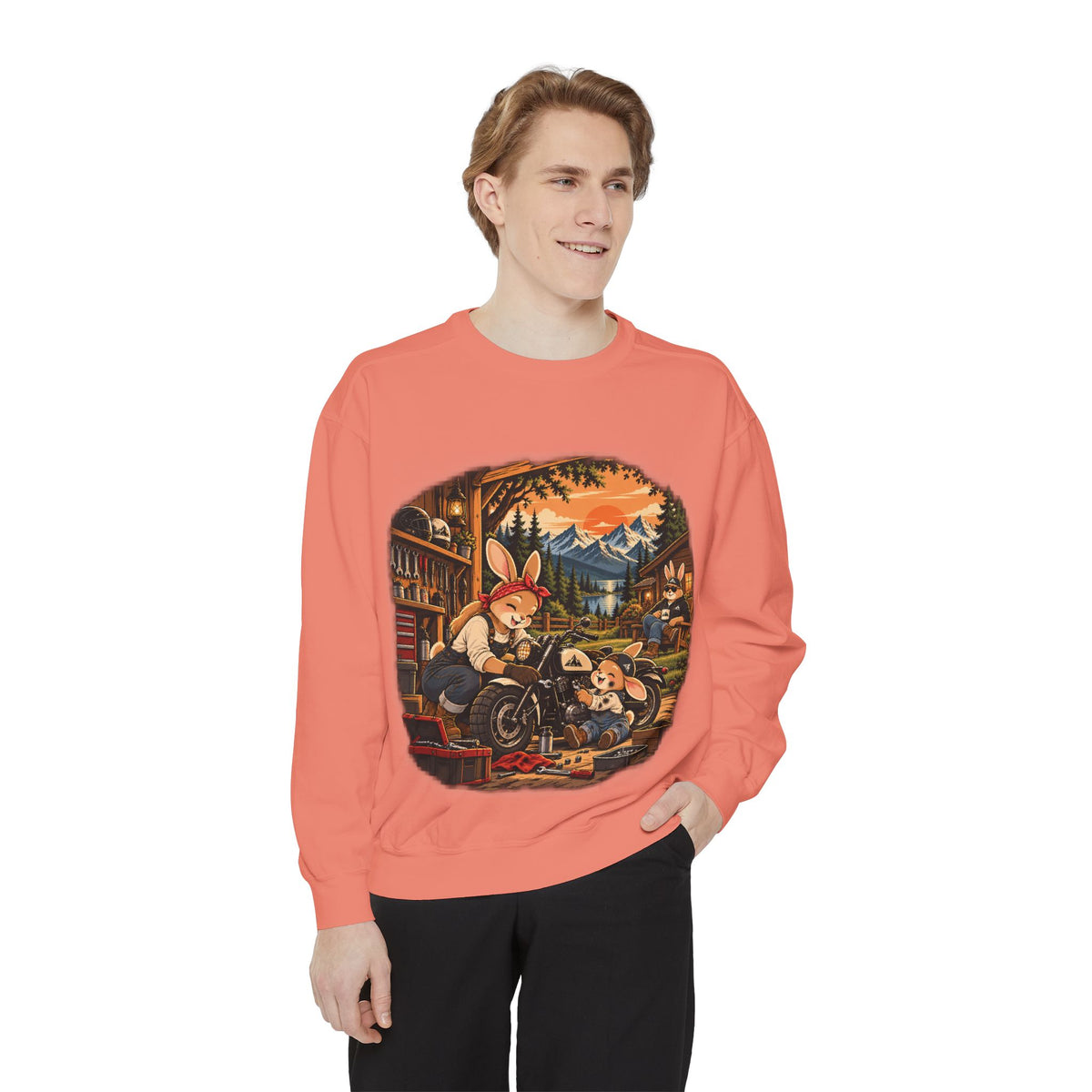Vintage Bunny Mechanics Sweatshirt — Retro Woodland Motorcycle Crewneck