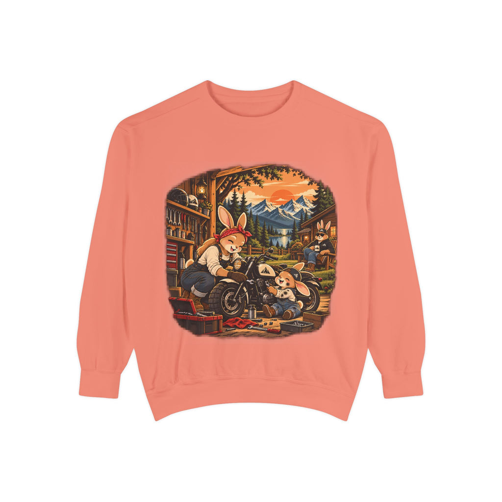 Vintage Bunny Mechanics Sweatshirt — Retro Woodland Motorcycle Crewneck
