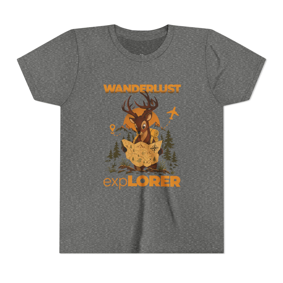 Wanderlust Explorer Youth Tee — Deer Map Adventure Kids T‑Shirt