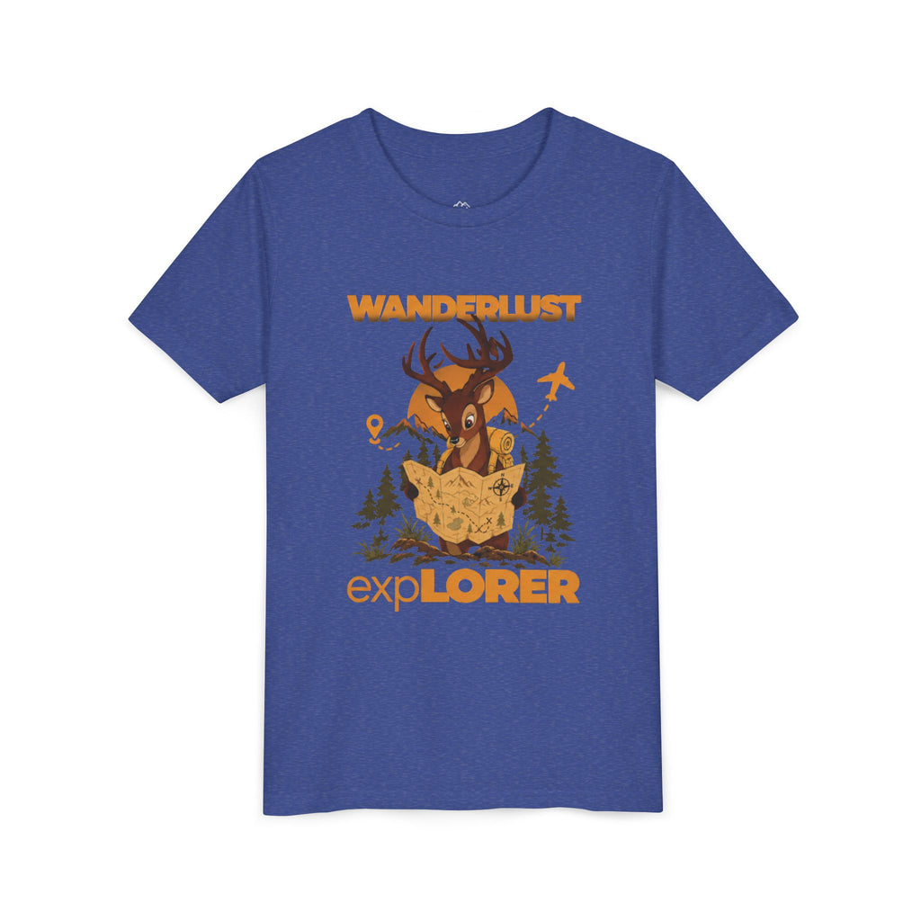 Wanderlust Explorer Youth Tee — Deer Map Adventure Kids T‑Shirt