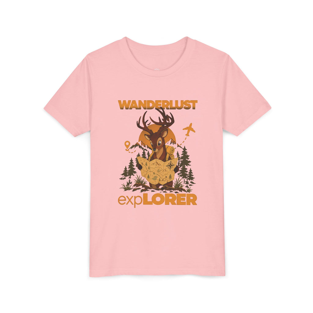 Wanderlust Explorer Youth Tee — Deer Map Adventure Kids T‑Shirt