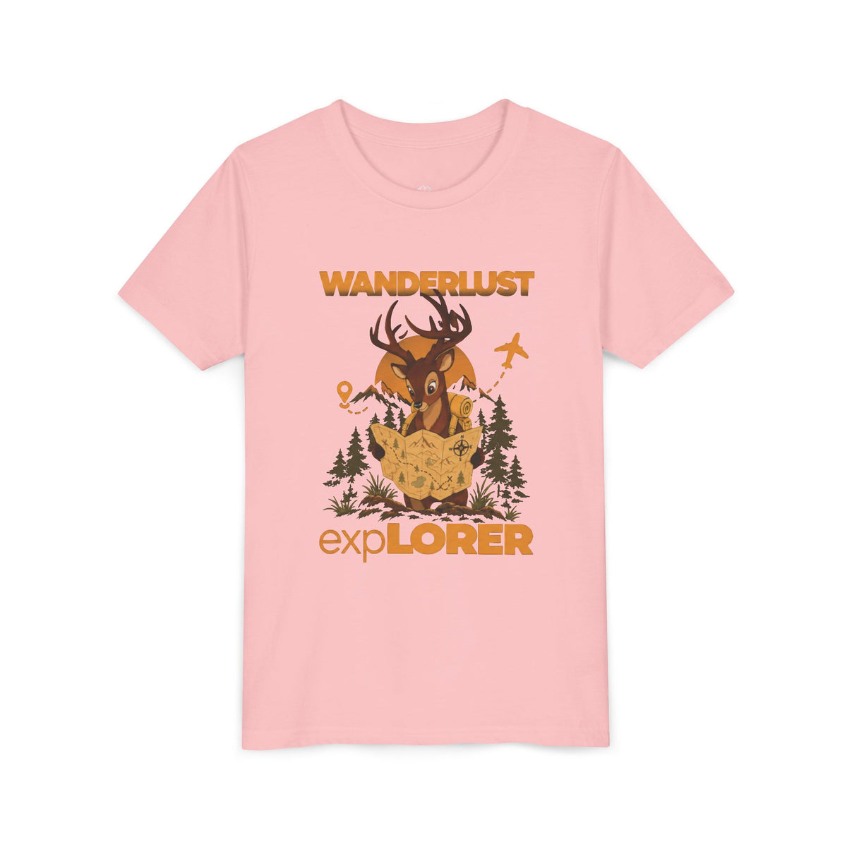 Wanderlust Explorer Youth Tee — Deer Map Adventure Kids T‑Shirt