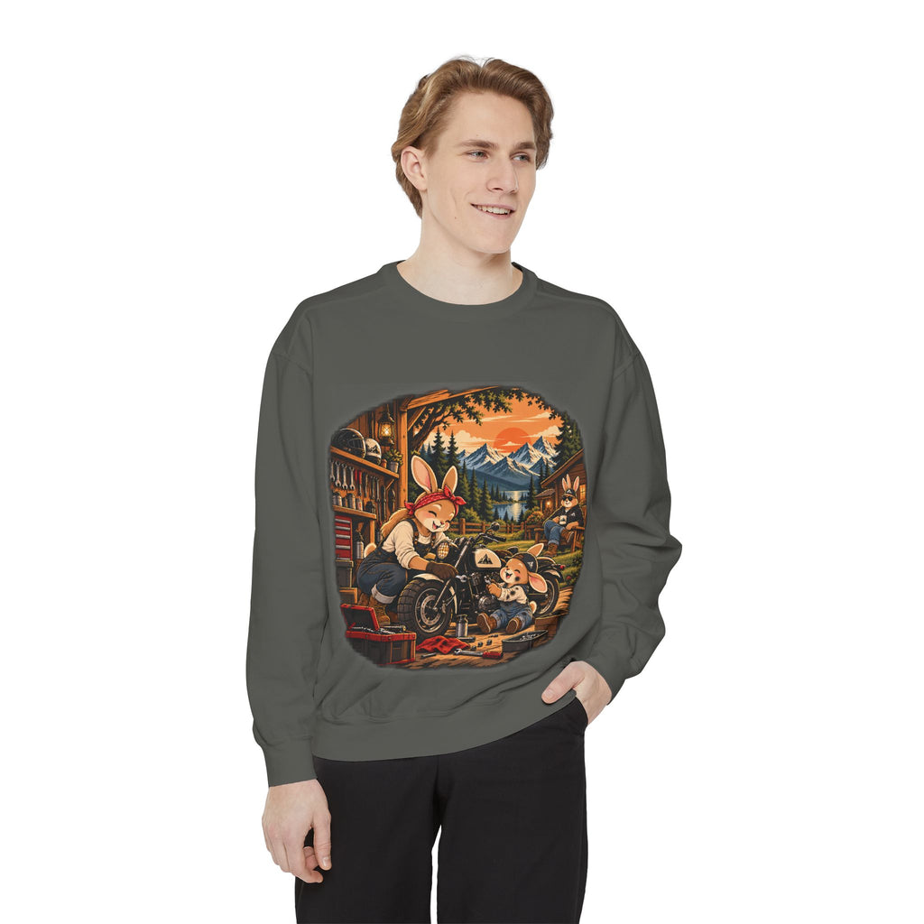 Vintage Bunny Mechanics Sweatshirt — Retro Woodland Motorcycle Crewneck