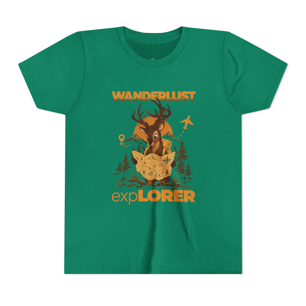 Wanderlust Explorer Youth Tee — Deer Map Adventure Kids T‑Shirt