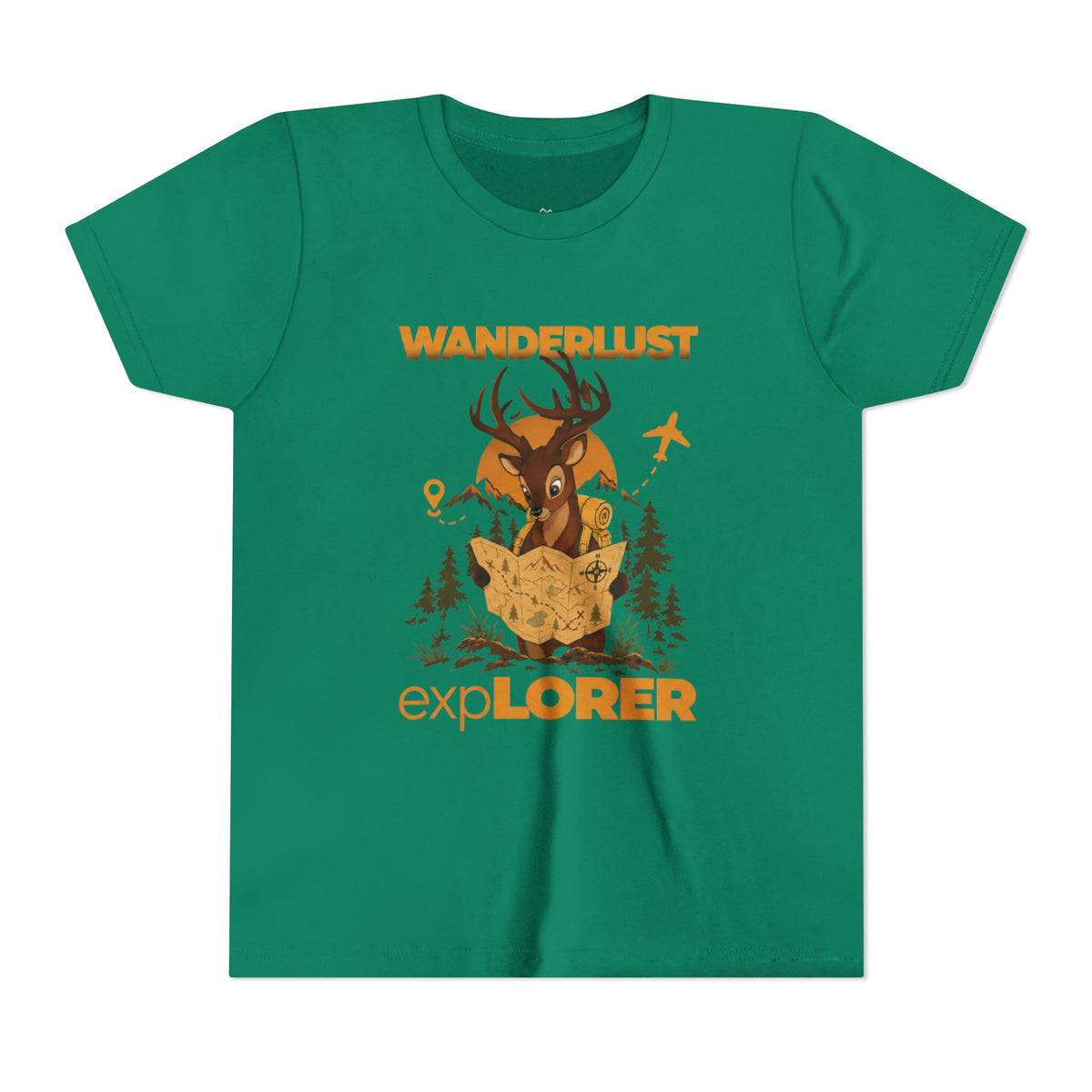 Wanderlust Explorer Youth Tee — Deer Map Adventure Kids T‑Shirt