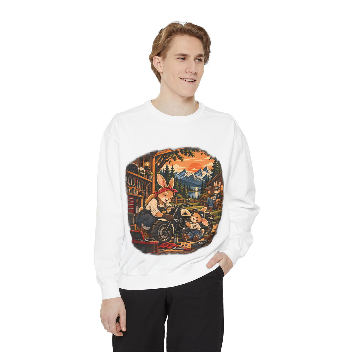 Vintage Bunny Mechanics Sweatshirt — Retro Woodland Motorcycle Crewneck