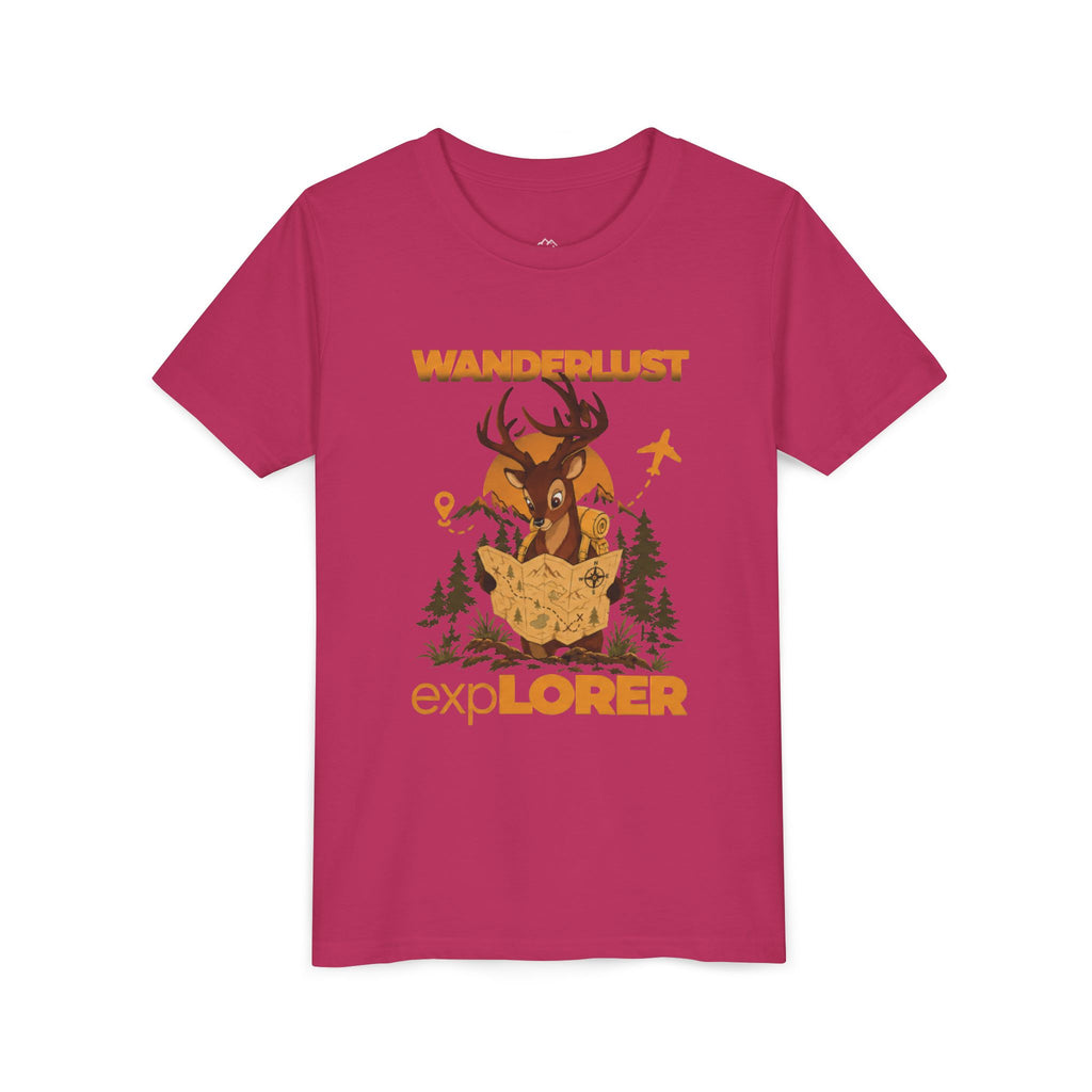 Wanderlust Explorer Youth Tee — Deer Map Adventure Kids T‑Shirt