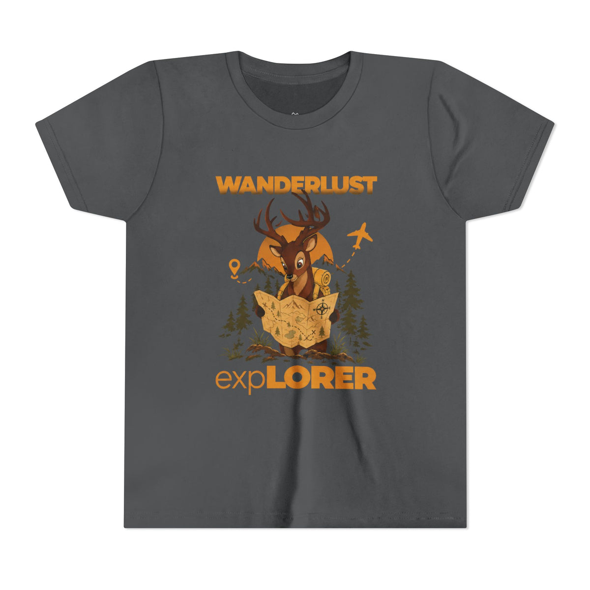 Wanderlust Explorer Youth Tee — Deer Map Adventure Kids T‑Shirt