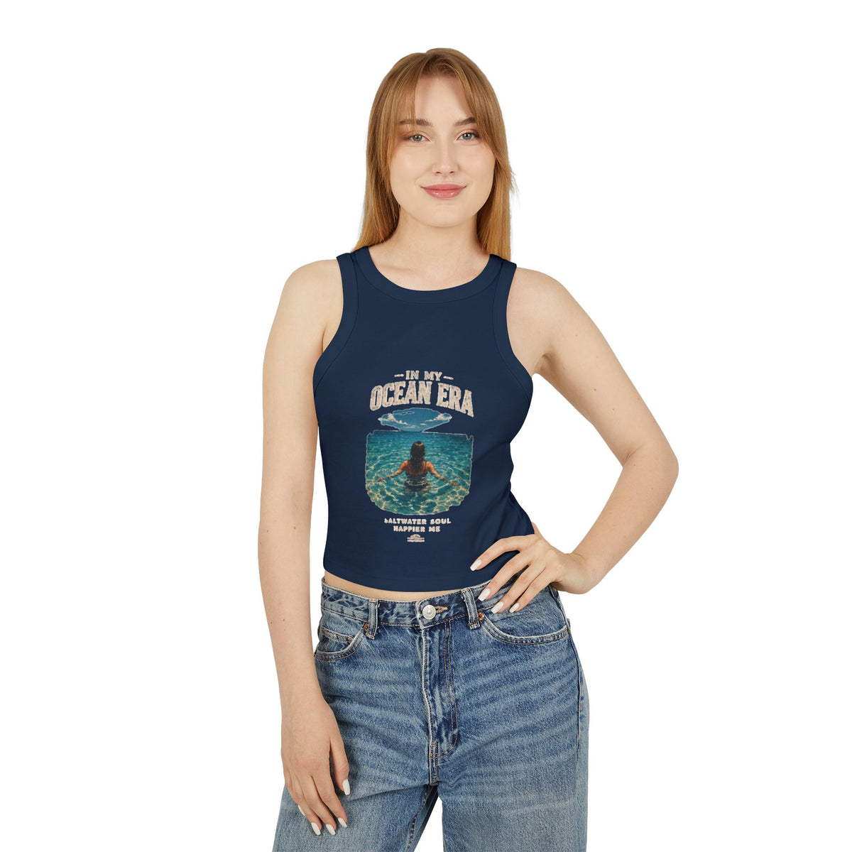 Women's Ocean Era Ribbed Racer Tank Top - 'In My Ocean Era' Beach Graphic