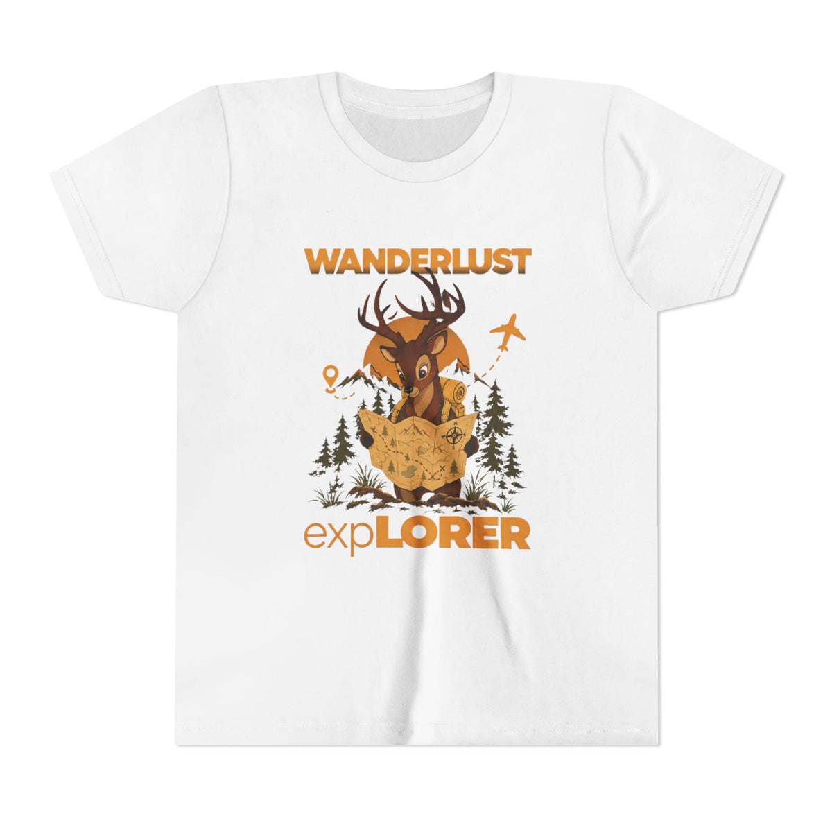 Wanderlust Explorer Youth Tee — Deer Map Adventure Kids T‑Shirt