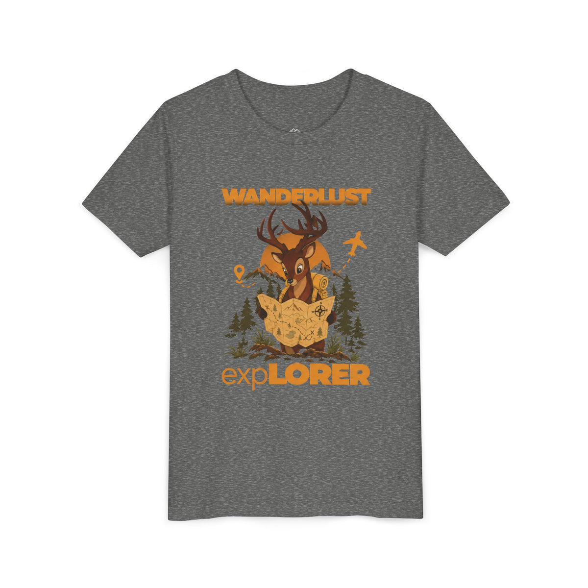 Wanderlust Explorer Youth Tee — Deer Map Adventure Kids T‑Shirt