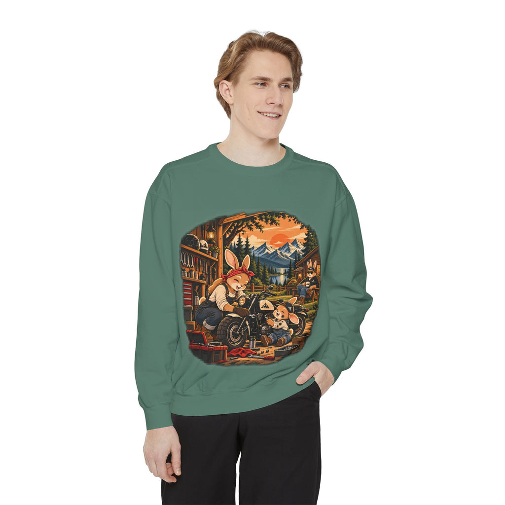 Vintage Bunny Mechanics Sweatshirt — Retro Woodland Motorcycle Crewneck
