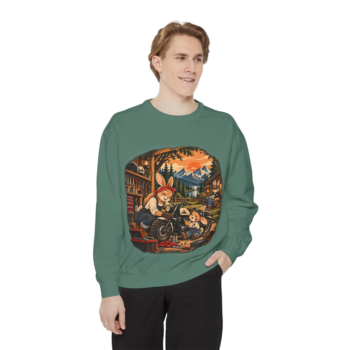 Vintage Bunny Mechanics Sweatshirt — Retro Woodland Motorcycle Crewneck