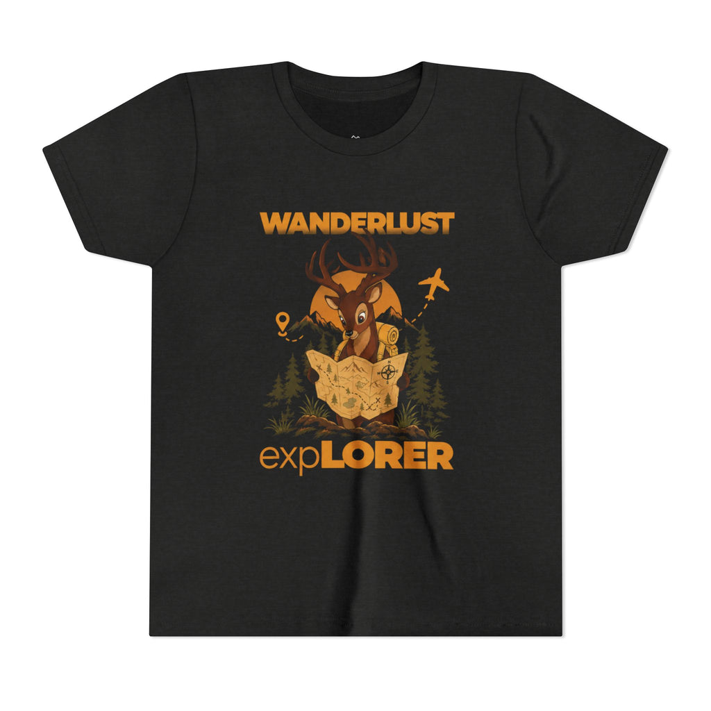 Wanderlust Explorer Youth Tee — Deer Map Adventure Kids T‑Shirt