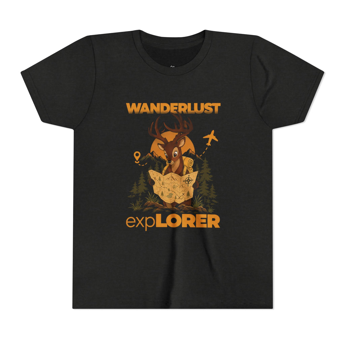 Wanderlust Explorer Youth Tee — Deer Map Adventure Kids T‑Shirt