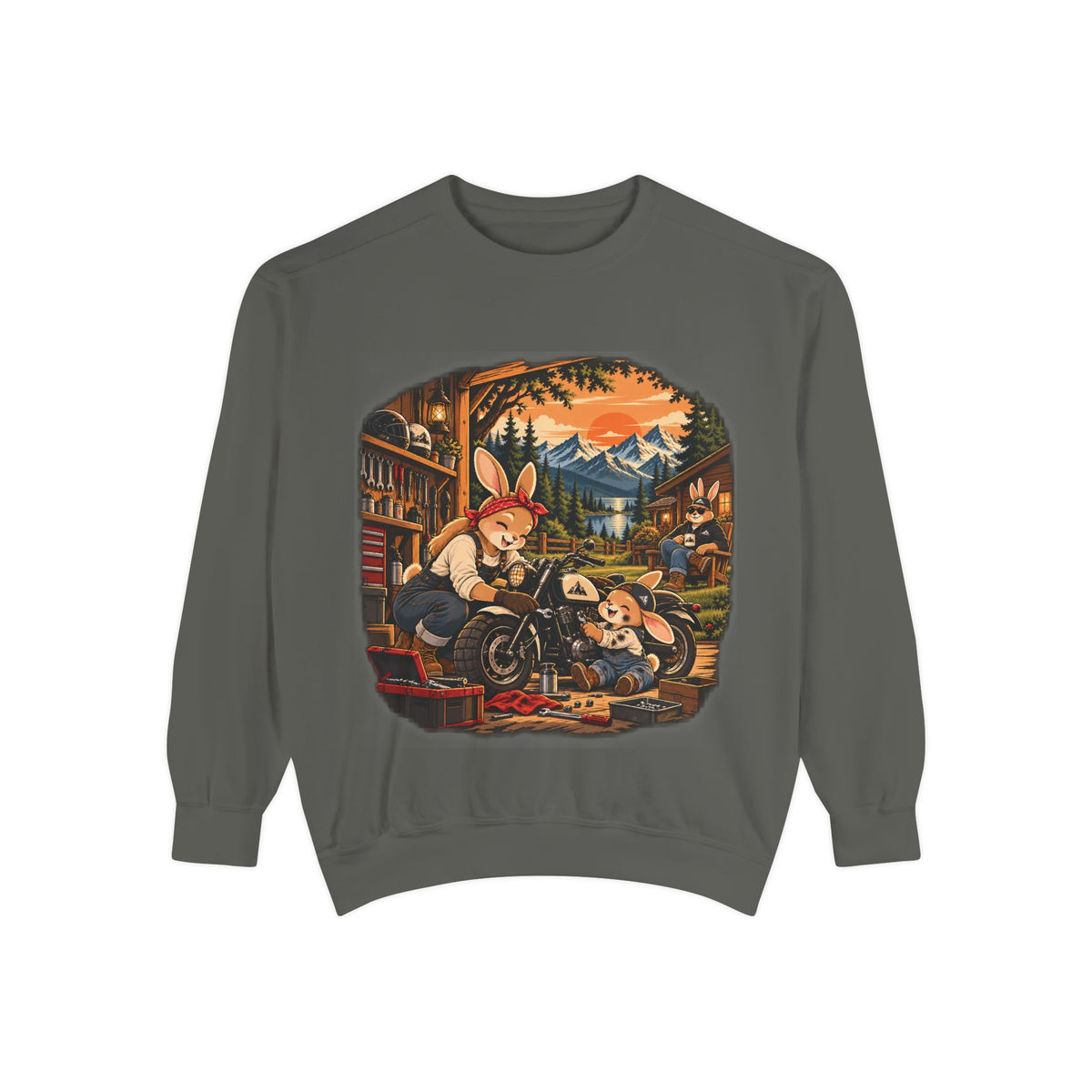 Vintage Bunny Mechanics Sweatshirt — Retro Woodland Motorcycle Crewneck