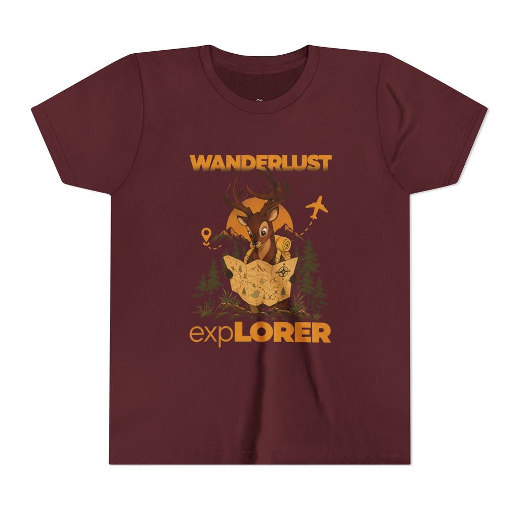 Wanderlust Explorer Youth Tee — Deer Map Adventure Kids T‑Shirt