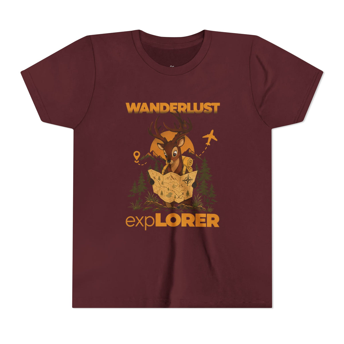 Wanderlust Explorer Youth Tee — Deer Map Adventure Kids T‑Shirt