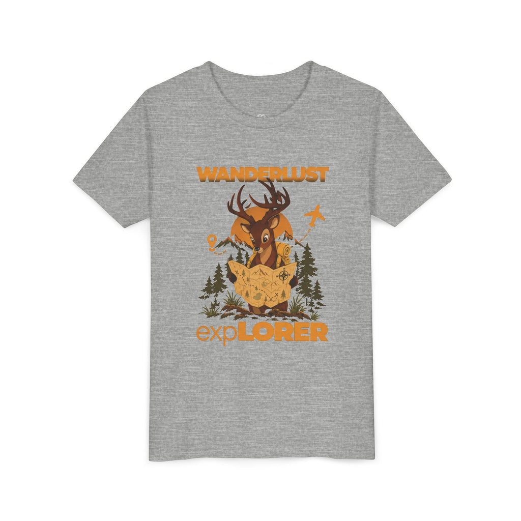 Wanderlust Explorer Youth Tee — Deer Map Adventure Kids T‑Shirt