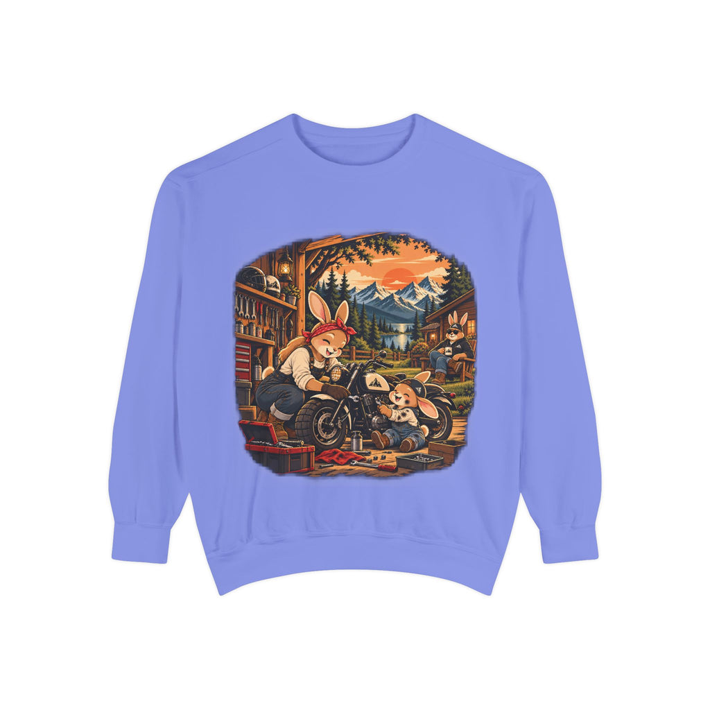 Vintage Bunny Mechanics Sweatshirt — Retro Woodland Motorcycle Crewneck