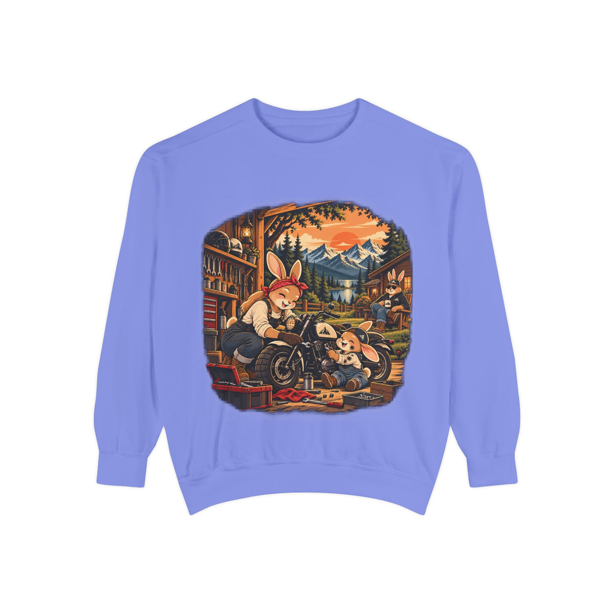 Vintage Bunny Mechanics Sweatshirt — Retro Woodland Motorcycle Crewneck
