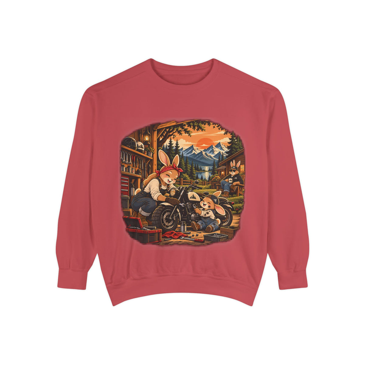 Vintage Bunny Mechanics Sweatshirt — Retro Woodland Motorcycle Crewneck