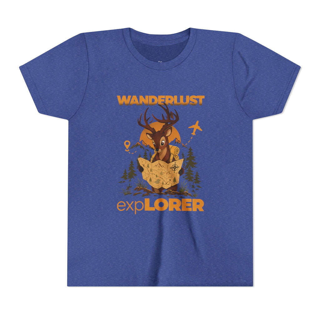 Wanderlust Explorer Youth Tee — Deer Map Adventure Kids T‑Shirt