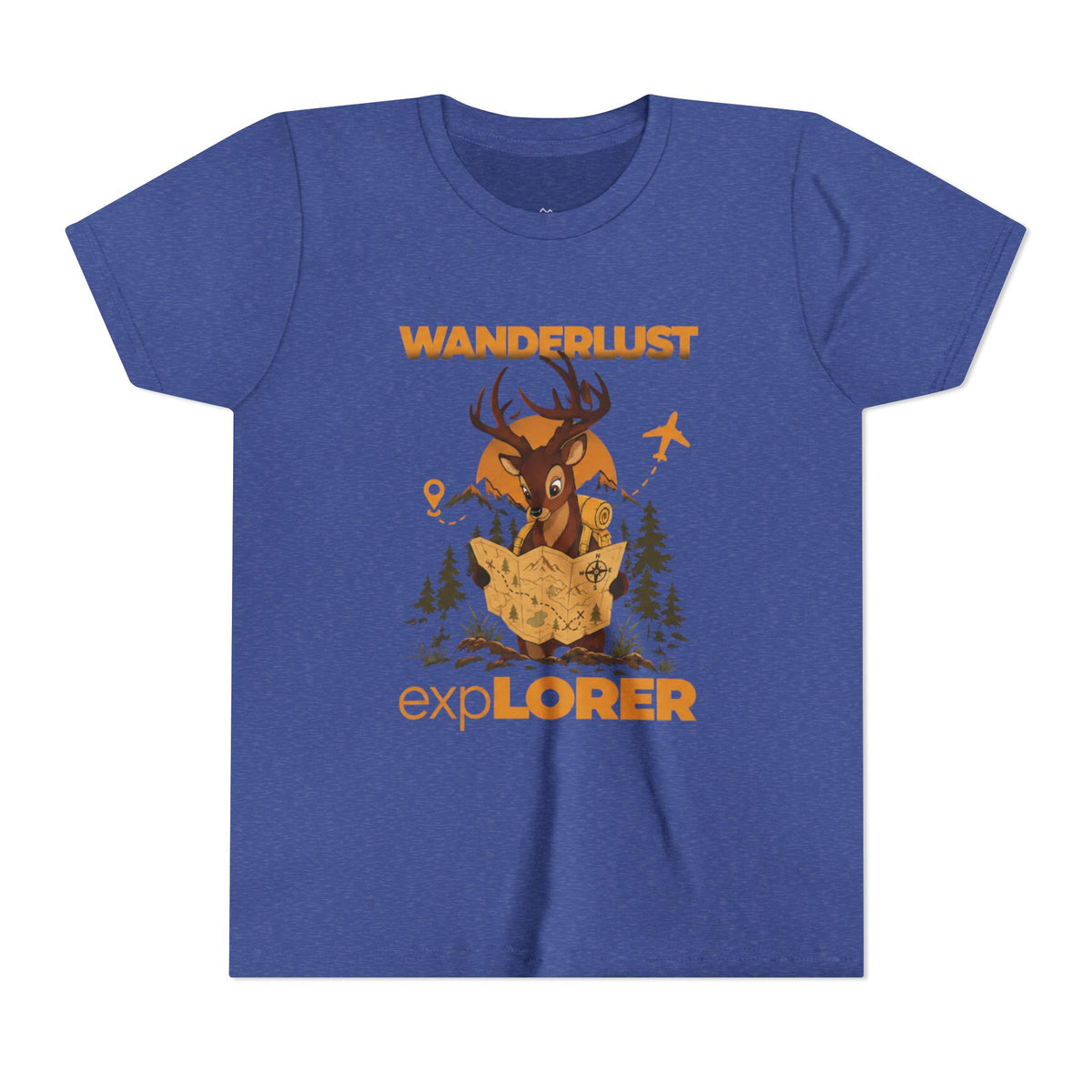 Wanderlust Explorer Youth Tee — Deer Map Adventure Kids T‑Shirt