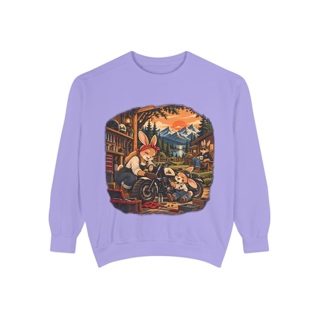Vintage Bunny Mechanics Sweatshirt — Retro Woodland Motorcycle Crewneck