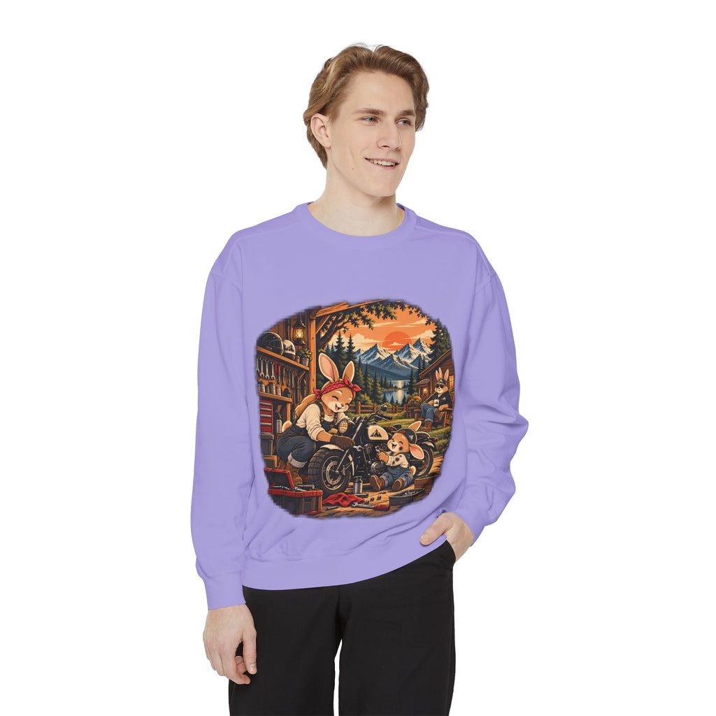 Vintage Bunny Mechanics Sweatshirt — Retro Woodland Motorcycle Crewneck